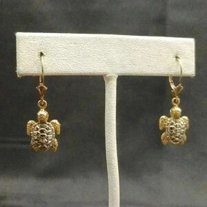 14K Gold Sea Turtle Dangle Earrings